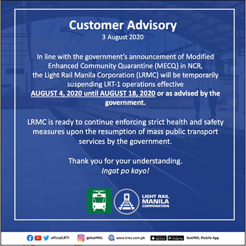 LRMC Advisory on LRT-1 Operations in line with MECQ announcement