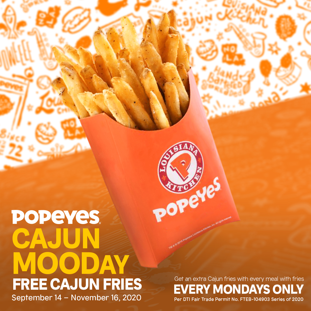 Great deals on Burgers and Free Cajun Fries with Popeyes’ Monday and Tuesday promos