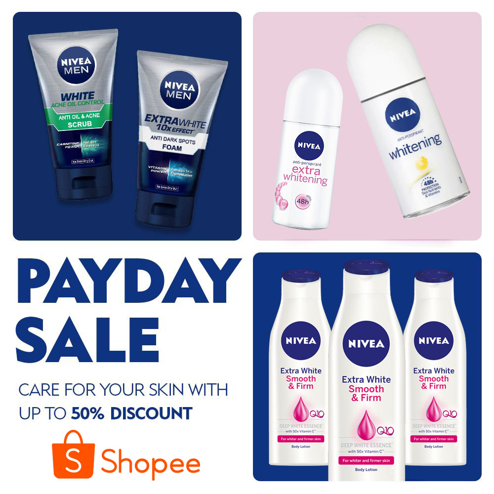 Nivea Payday Sale offers customers up to 50% off on top selling items and bundles now available on Shopee