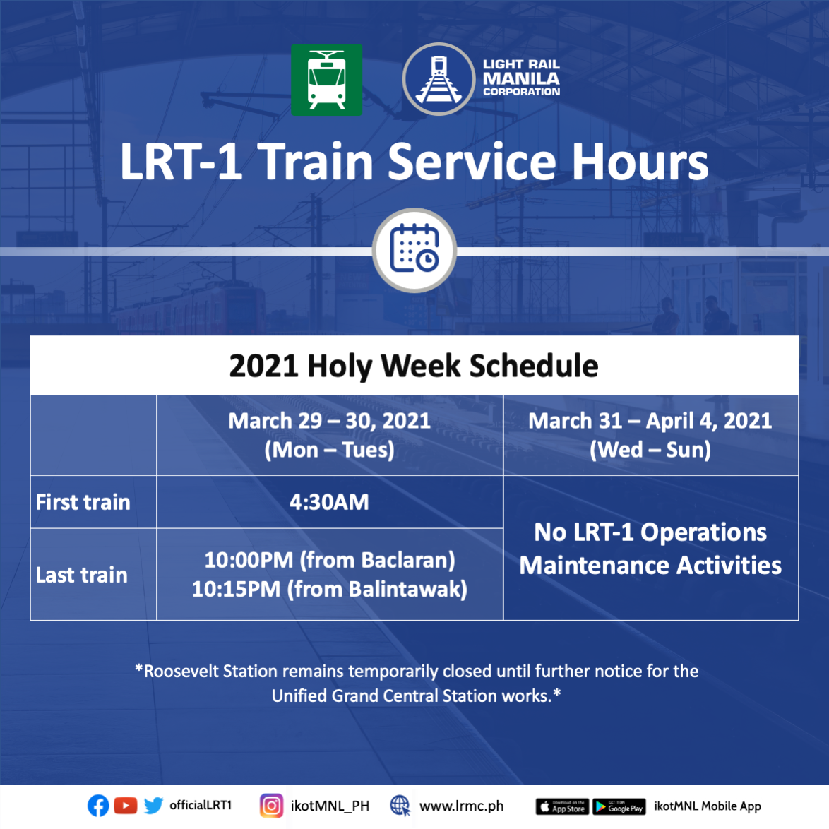 LRMC announces LRT-1 2021 Holy Week schedule