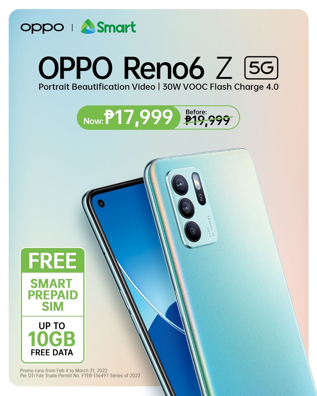Get ready to capture your summer moments in portrait with OPPO Reno6 Z 5G, now at Php17,999 from Smart Prepaid and TNT