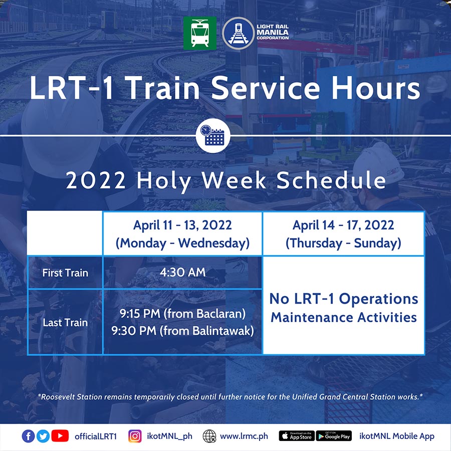 LRMC releases LRT-1 train schedule for 2022 Holy Week